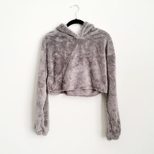 Gray Fuzzy Cropped Hoodie